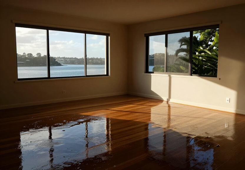Flooded living room in Tempe before restoration